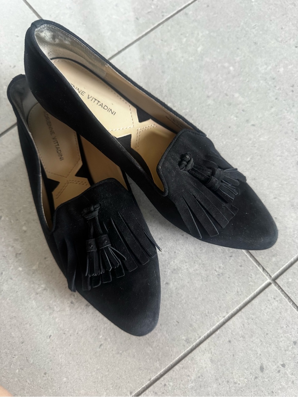 Adrienne Vittadini Black Suede Tassel Fringe Loafers Size 7.5